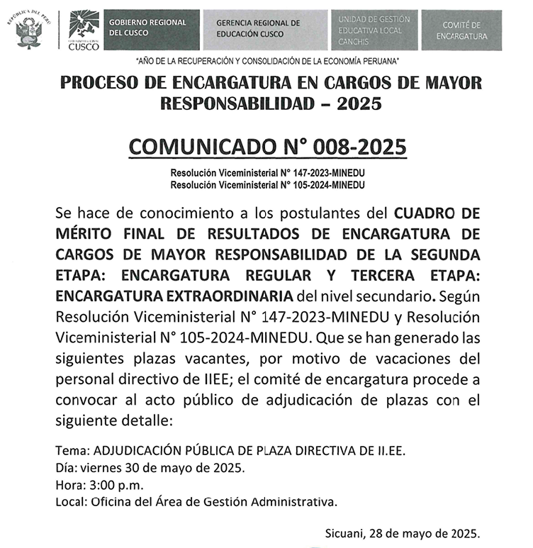 PROCESO DE ENCARGATURA EN CARGOS DE MAYOR RESPONSABILIDAD - 2025 COMUNICADO N° 008-2025