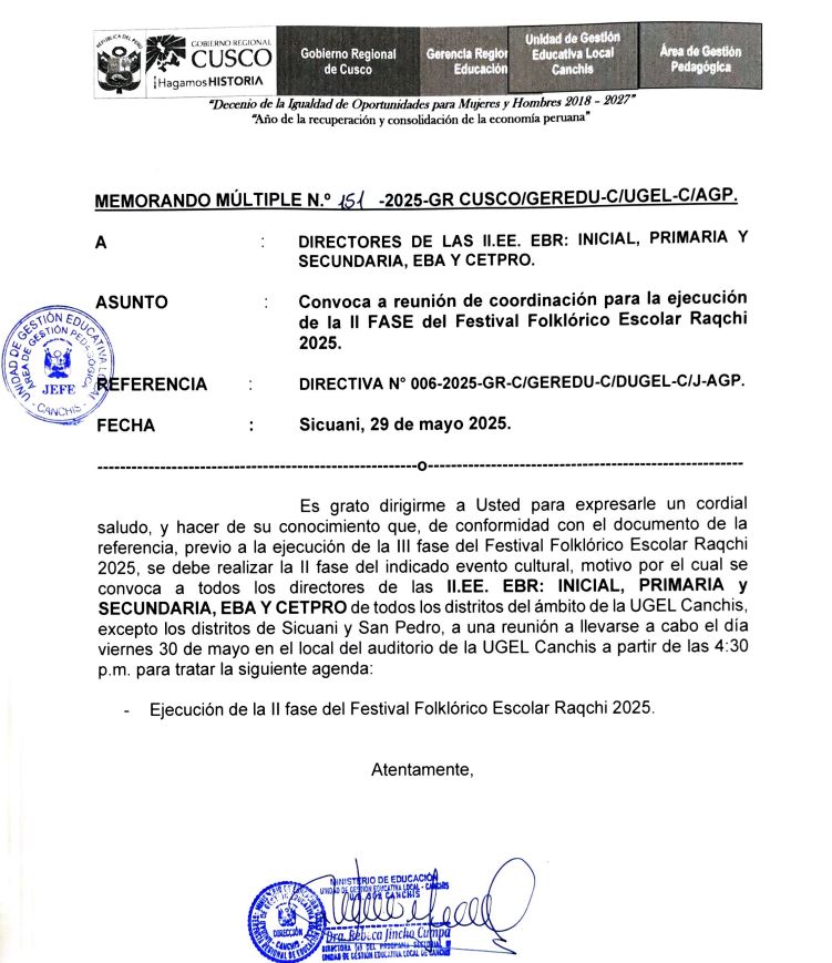 Convoca a reunión de coordinación para la ejecución de la II FASE del Festival Folklórico Escolar Raqchi 2025.