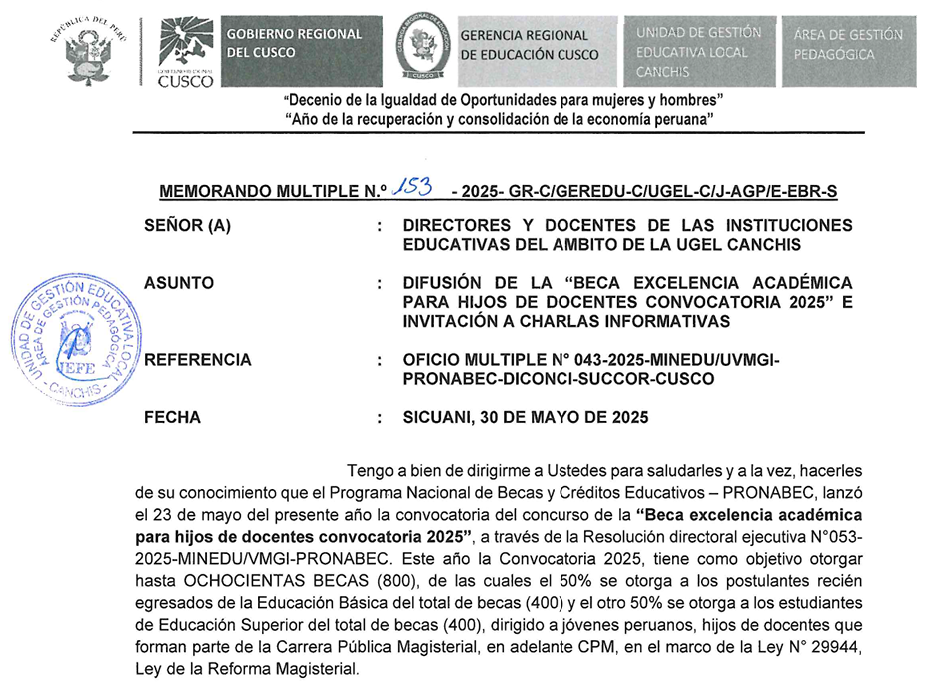 Difusión de la “beca excelencia académica para hijos de docentes convocatoria 2025” e invitación a charlas informativas
