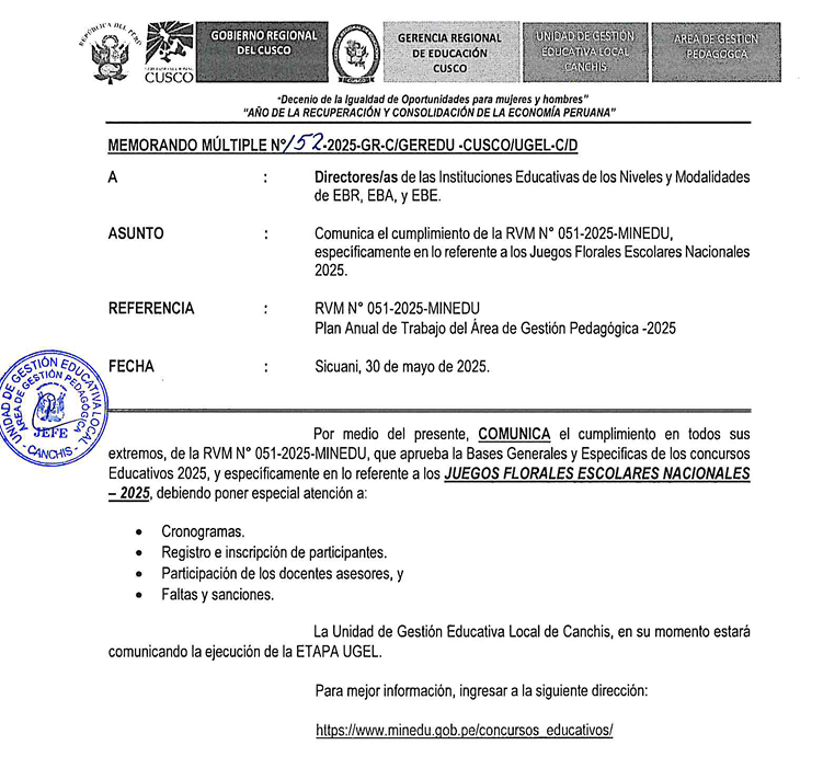 Comunica el cumplimiento de la RVM N° 051 -2025-MINEDU, específicamente en lo referente a los Juegos Florales Escolares Nacionales 2025.