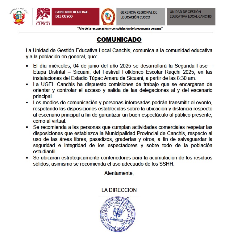 COMUNICADO - Festival Folklorico Escolar Raqchi 2025