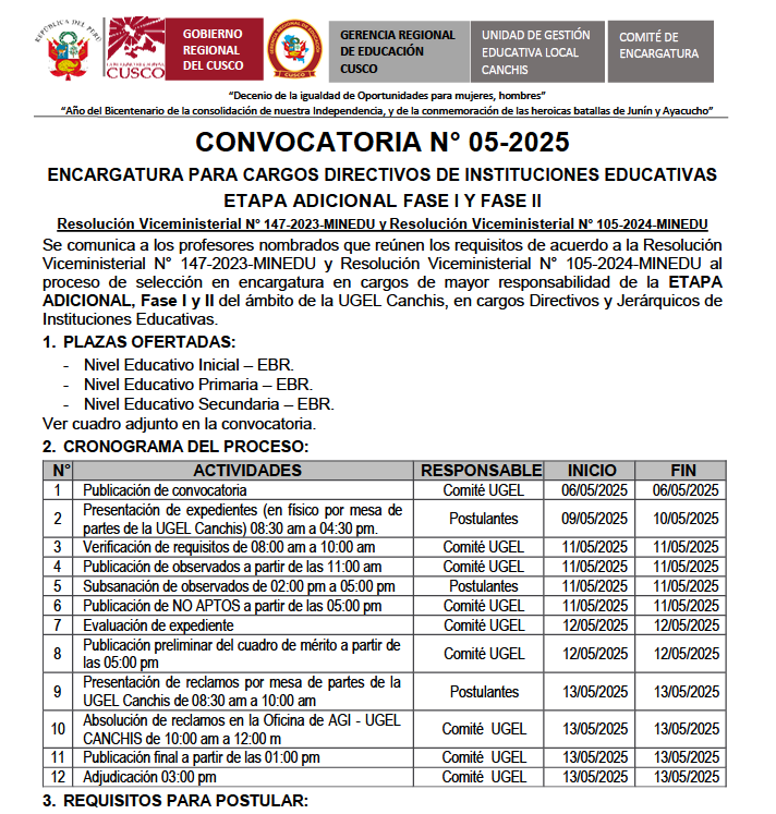 Convocatoria N° 05-2025 ENCARGATURA PARA CARGOS DIRECTIVOS DE INSTITUCIONES EDUCATIVAS ETAPA ADICIONAL FASE I Y FASE II