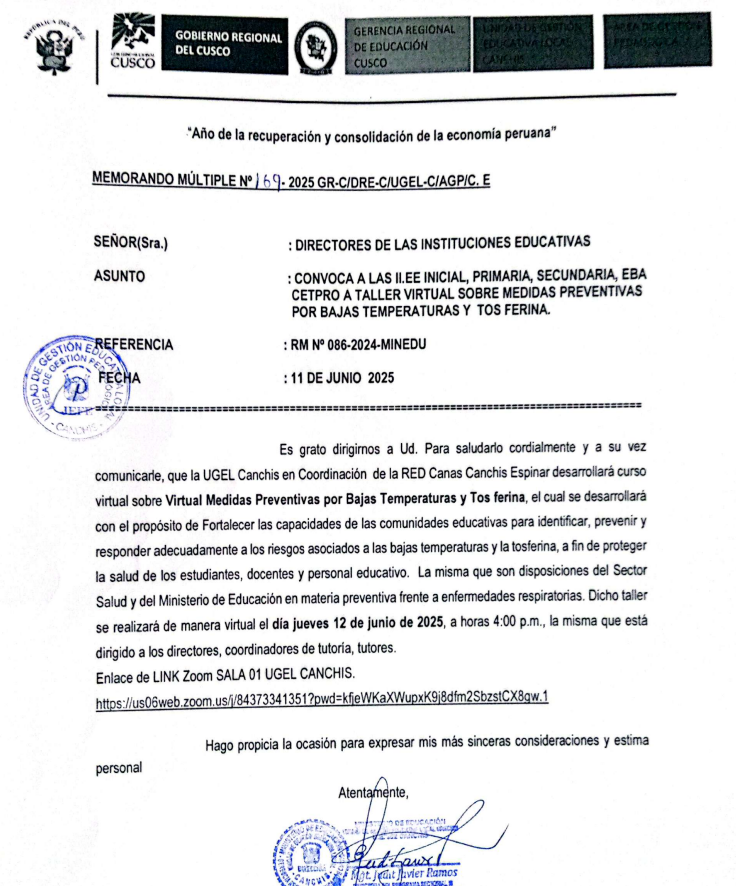 Convoca a las II.EE inicial, primaria, secundaria, EBA CETPRO a taller virtual sobre medidas preventivas por bajas temperaturas y tos ferina.