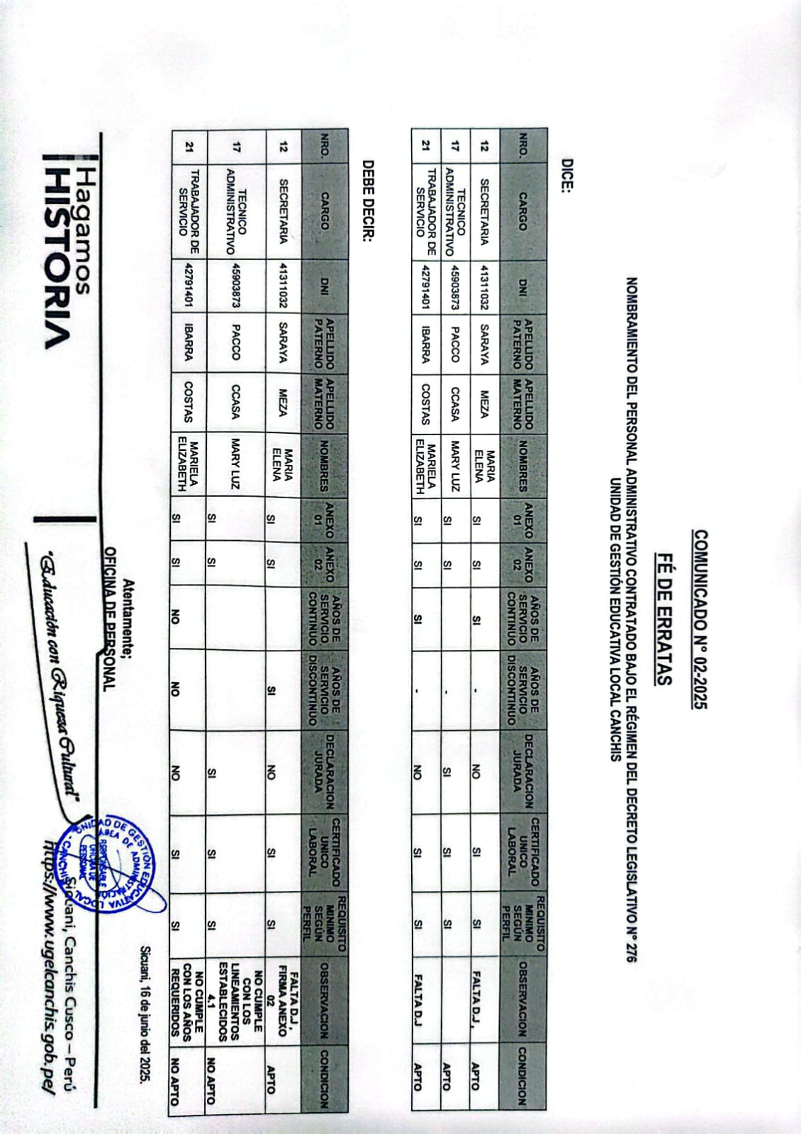 Comunicado N° 02-2025 FÉ DE ERRATAS NOMBRAMIENTO DEL PERSONAL ADMINISTRATIVO CONTRATADO BAJO EL RÉGIMEN DEL DECRETO LEGISLATIVO N’ 276 UNIDAD DE GESTIÓN EDUCATIVA LOCAL CANCHIS