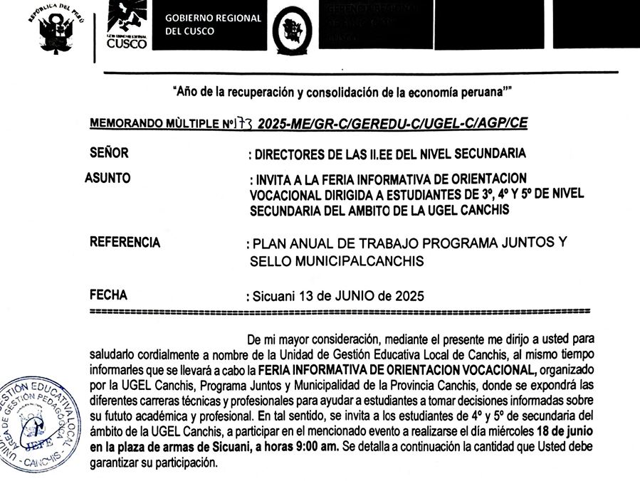  INVITA A LA FERIA INFORMATIVA DE ORIENTACION VOCACIONAL DIRIGIDA A ESTUDIANTES DE 3*. 4o Y 5o DE NIVEL SECUNDARIA DEL AMBITO DE LA UGEL CANCHIS