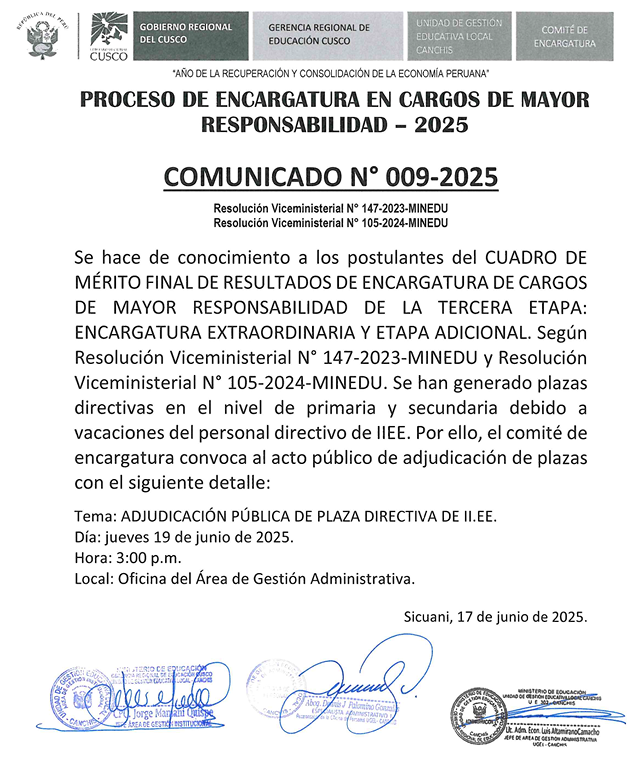 COMUNICADO N° 009-2025 - PROCESO DE ENCARGATLRA EN CARGOS DE MAYOR RESPONSABILIDAD - 2025 