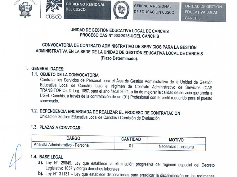 CONVOCATORIA DE CONTRATO ADMINISTRATIVO DE SERVICIOS PARA LA GESTIÓN ADMINISTRATIVA EN LA SEDE DE LA UNIDAD DE GESTIÓN EDUCATIVA LOCAL DE CANCHIS (Plazo Determinado).
