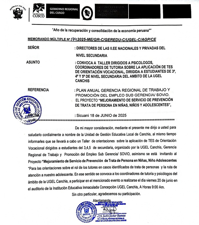 Convoca a taller dirigidos a psicólogos, coordinadores de tutoría sobre la aplicación de tes de orientación vocacional, dirigida a estudiantes de 3°, 4° y 5° de nivel secundaria del ámbito de la UGEL CANCHIS