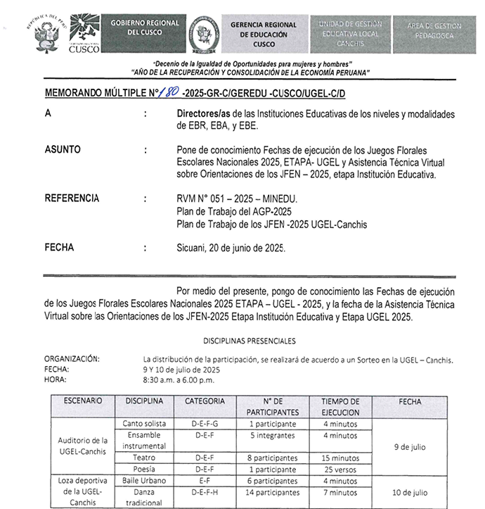 Pone de conocimiento Fechas de ejecución de los Juegos Florales Escolares Nacionales 2025, ETAPA- UGEL y Asistencia Técnica Virtual sobre Orientaciones de los JFEN - 2025, etapa Institución Educativa.