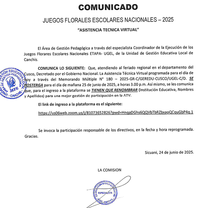 COMUNICADO JUEGOS FLORALES ESCOLARES NACIONALES - 2025 &quot;ASISTENCIA TECNICA VIRTUAL&quot;