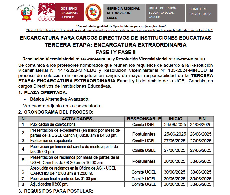 Cronograma - ENCARGATURA PARA CARGOS DIRECTIVOS DE INSTITUCIONES EDUCATIVAS TERCERA ETAPA: ENCARGATURA EXTRAORDINARIA FASE I Y FASE II