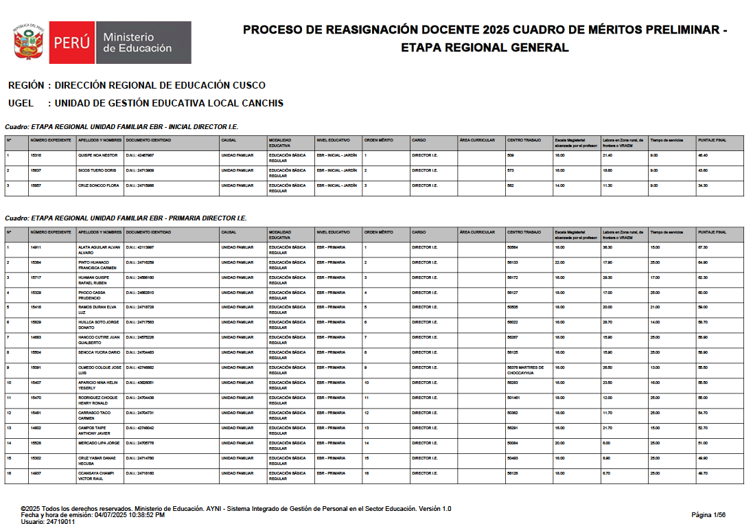 PROCESO DE REASIGNACIÓN DOCENTE 2025 CUADRO DE MÉRITOS PRELIMINAR - etapa regional general
