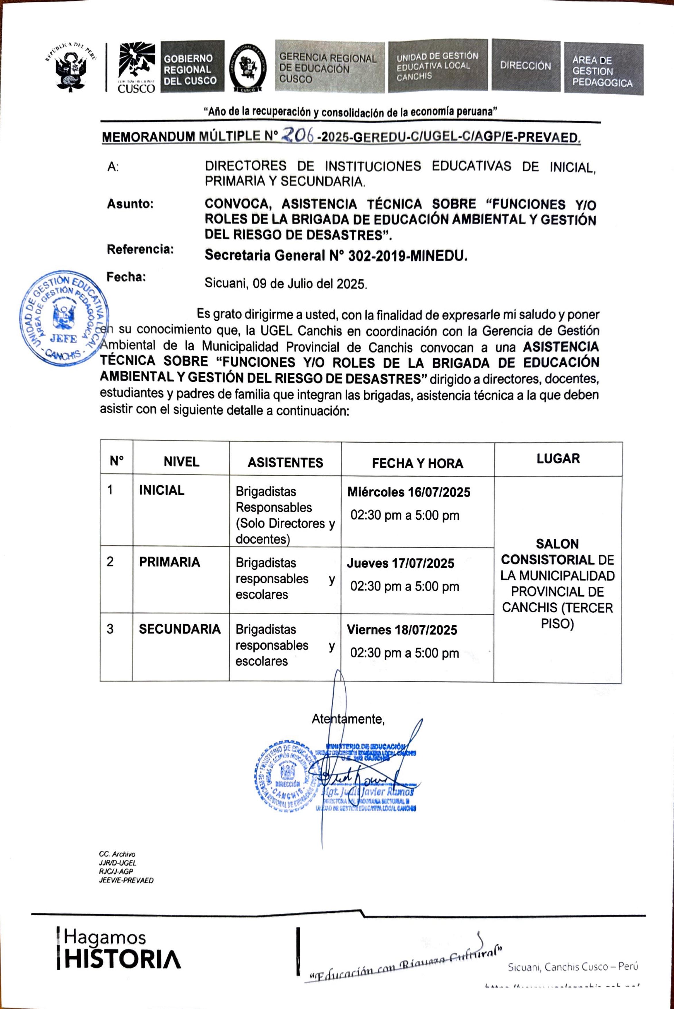 Convoca, asistencia técnica sobre &quot;funciones y/o roles de la brigada de educación ambiental y gestión del riesgo de desastres”.