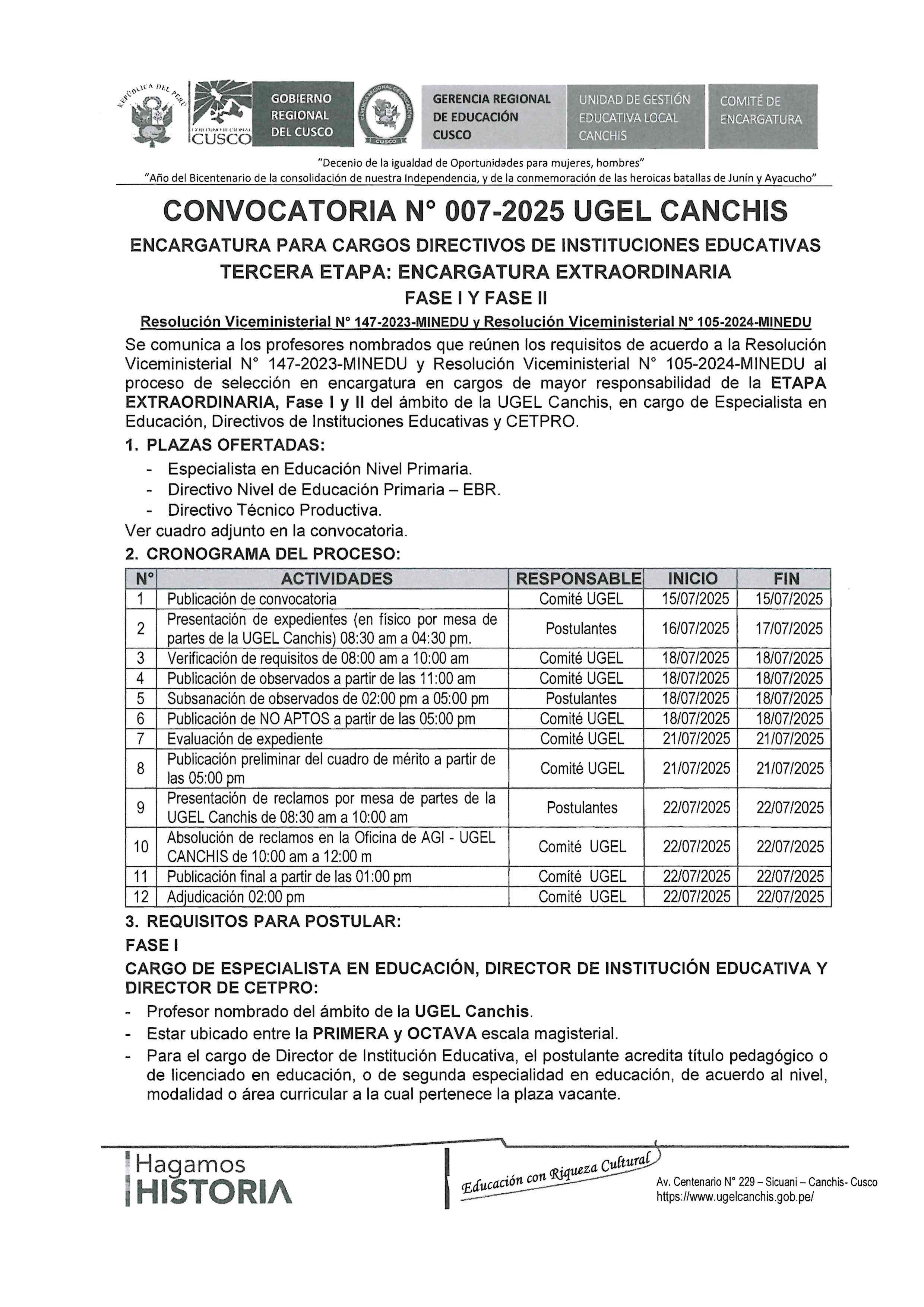 Convocatoria N° 007-2025 UGEL CANCHIS ENCARGATURA PARA CARGOS DIRECTIVOS DE INSTITUCIONES EDUCATIVAS TERCERA ETAPA: ENCARGATURA EXTRAORDINARIA FASE I Y FASE II