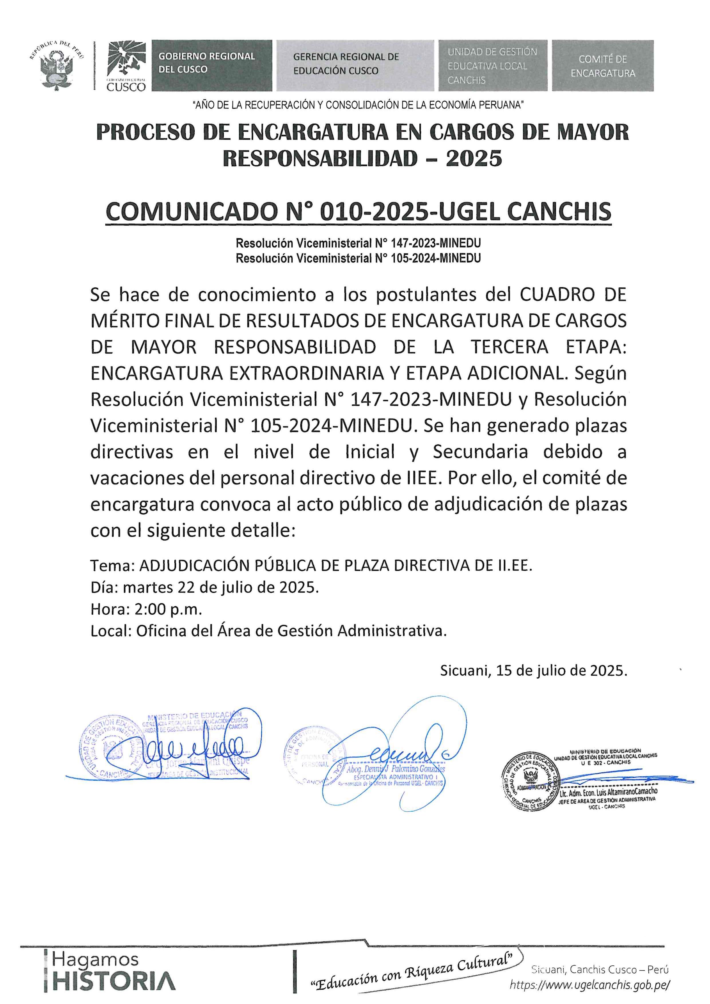 Comunicado N° 010-2025-UGEL CANCHIS PROCESO DE ENCARGATURA EN CARGOS DE MAYOR RESPONSABILIDAD - 2025