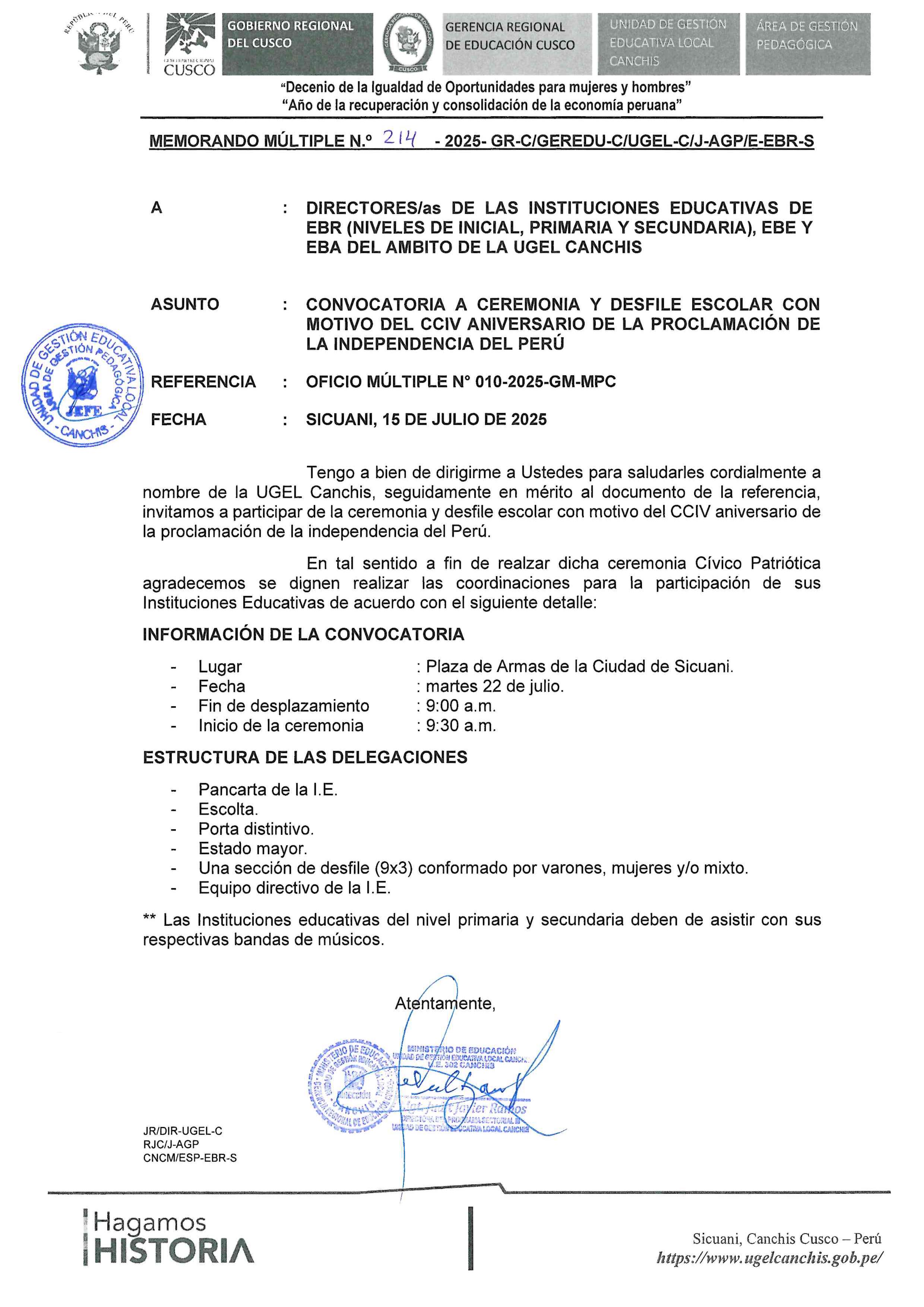 Convocatoria a ceremonia y desfile escolar con motivo del CCIV aniversario de la proclamación de la independencia del perú