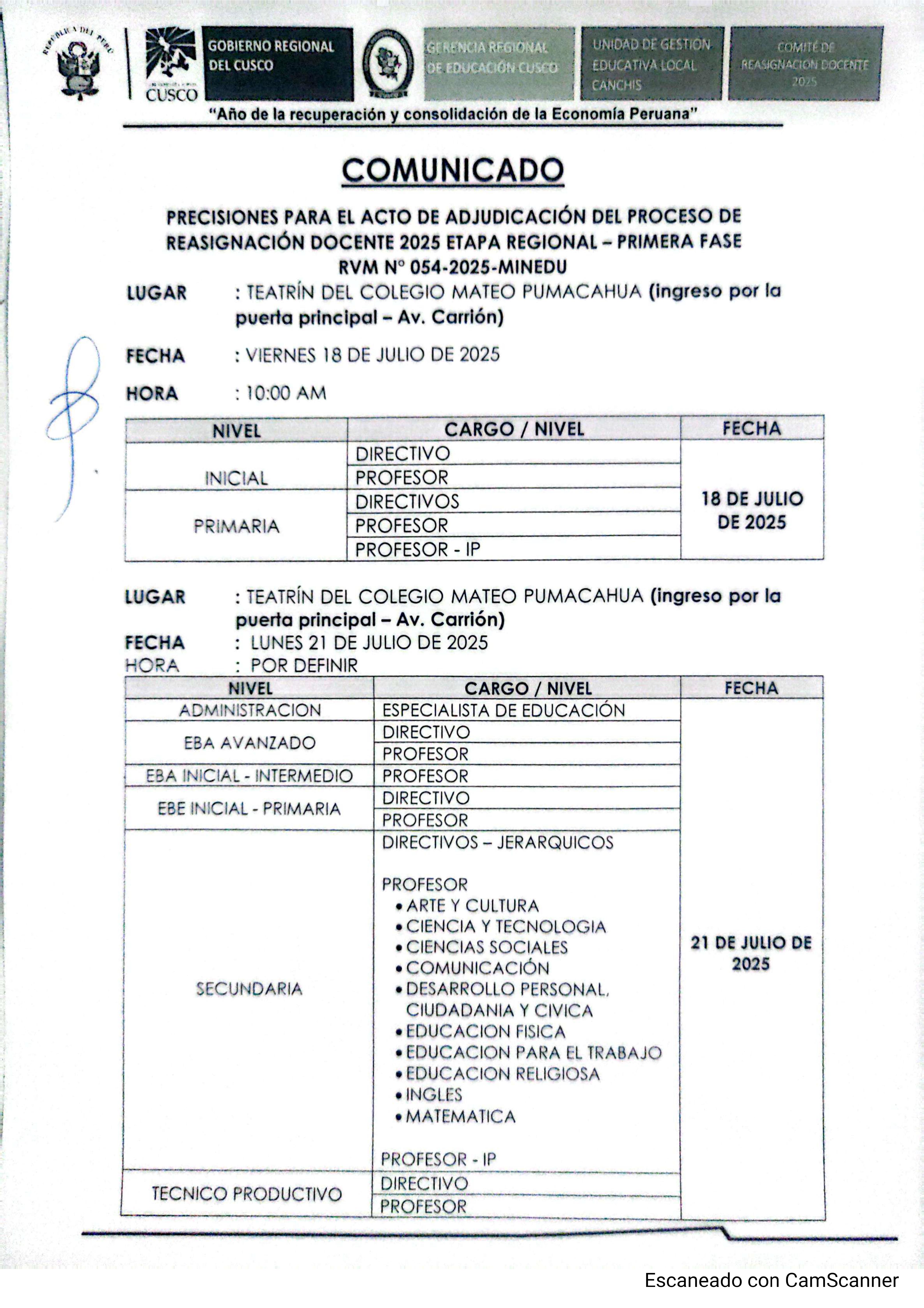 Comunicado - precisiones para el acto de adjudicación del proceso de reasignación docente 2025 etapa regional - primera fase