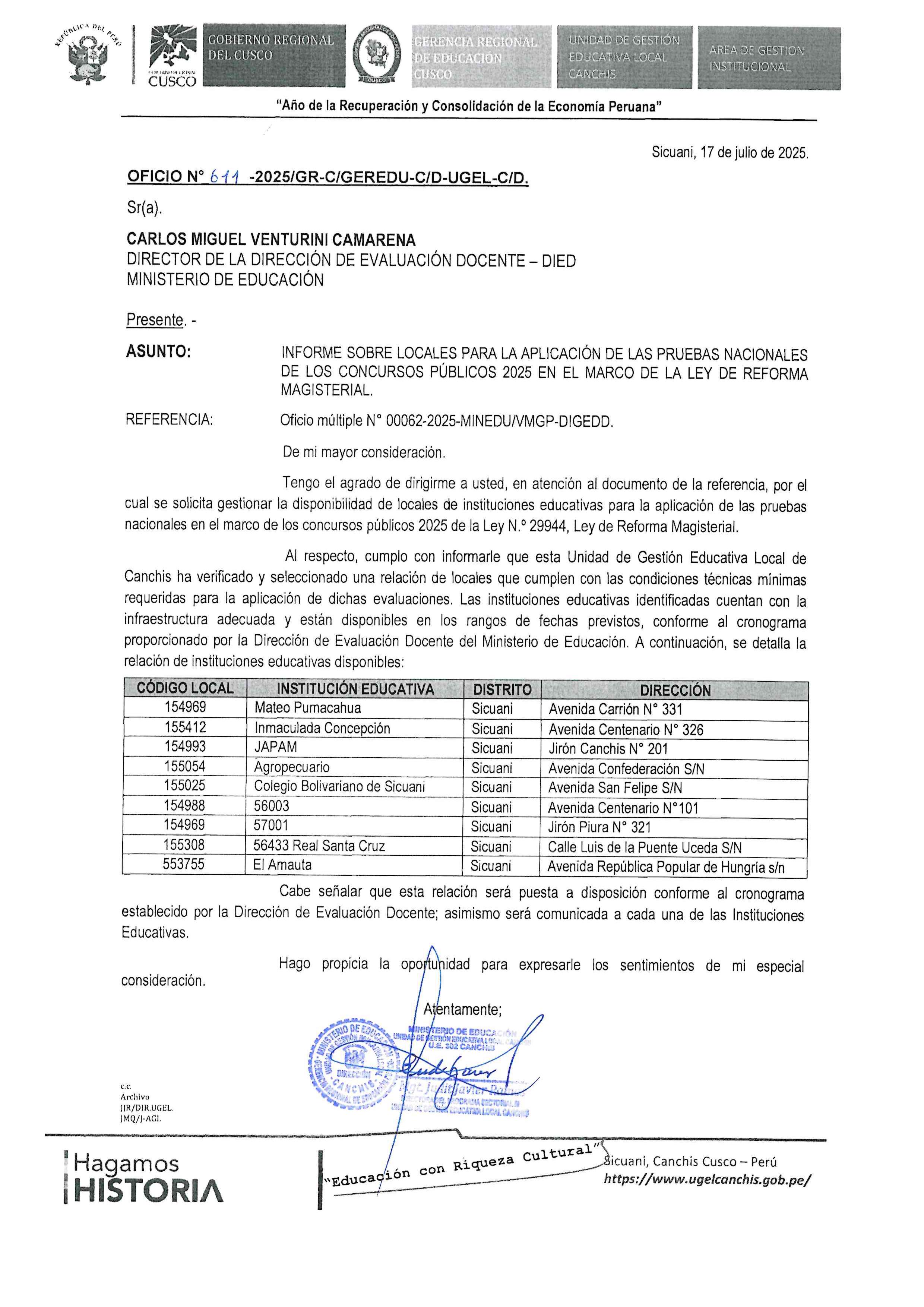 Informe sobre locales para la aplicación de las pruebas nacionales de los concursos públicos 2025 en el marco de la ley de reforma magisterial.