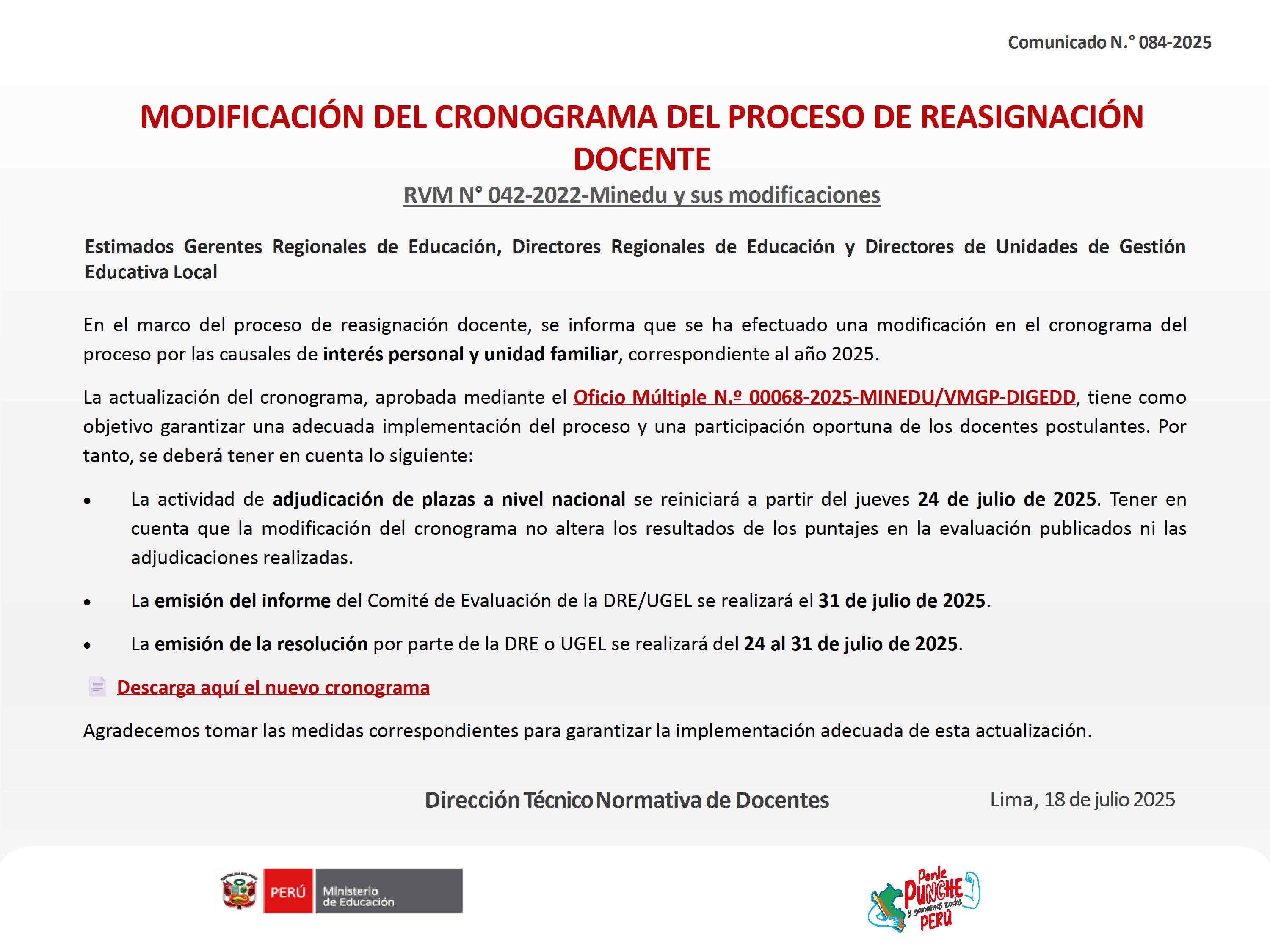 MODIFICACIÓN DEL CRONOGRAMA DEL PROCESO DE REASIGNACIÓN DOCENTE RVM N° 042-2022-Minedu y sus modificaciones