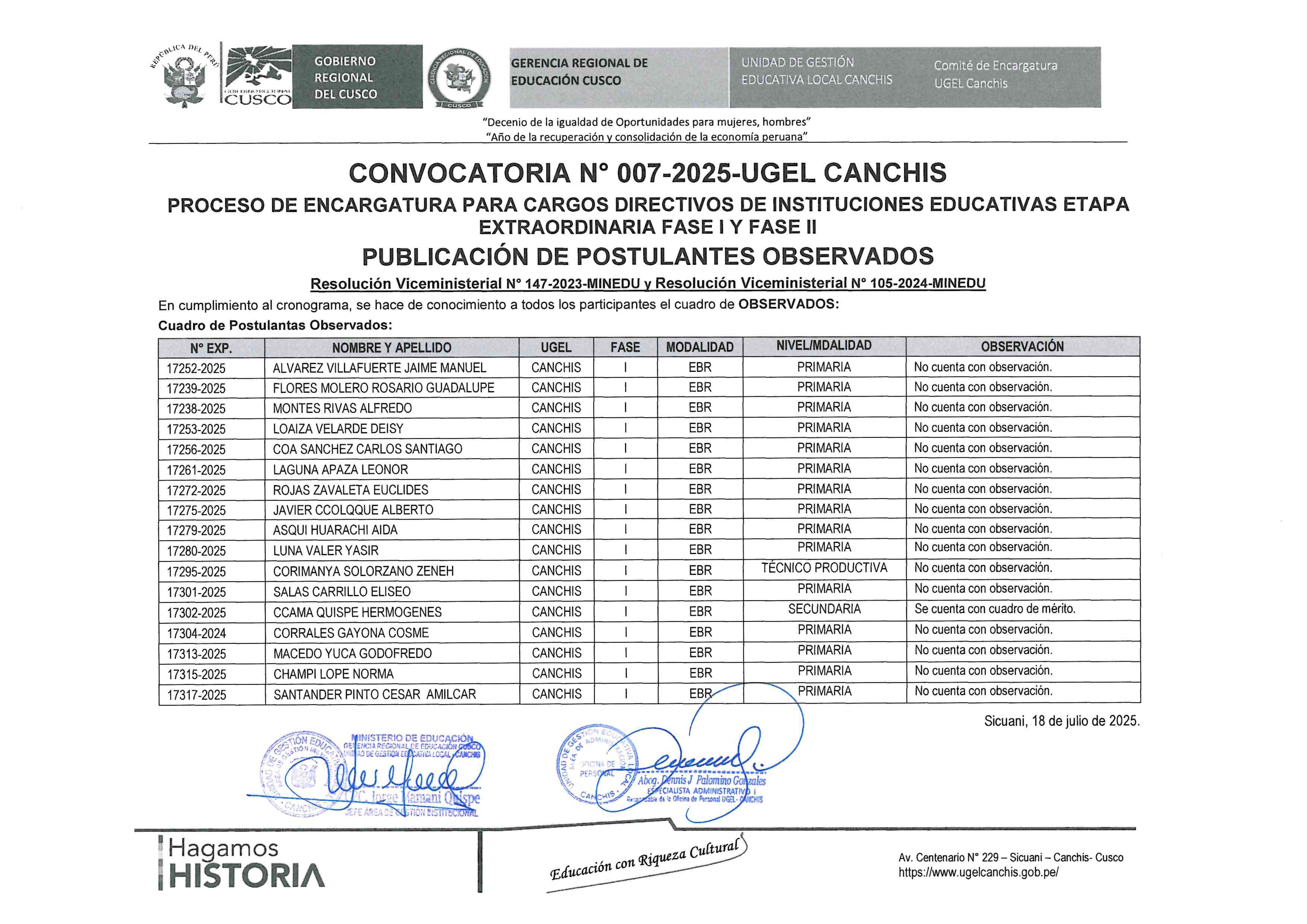 CONVOCATORIA N° 007-2025-UGEL CANCHIS PROCESO DE ENCARGATURA PARA CARGOS DIRECTIVOS DE INSTITUCIONES EDUCATIVAS ETAPA EXTRAORDINARIA FASE I Y FASE II PUBLICACIÓN DE POSTULANTES OBSERVADOS 