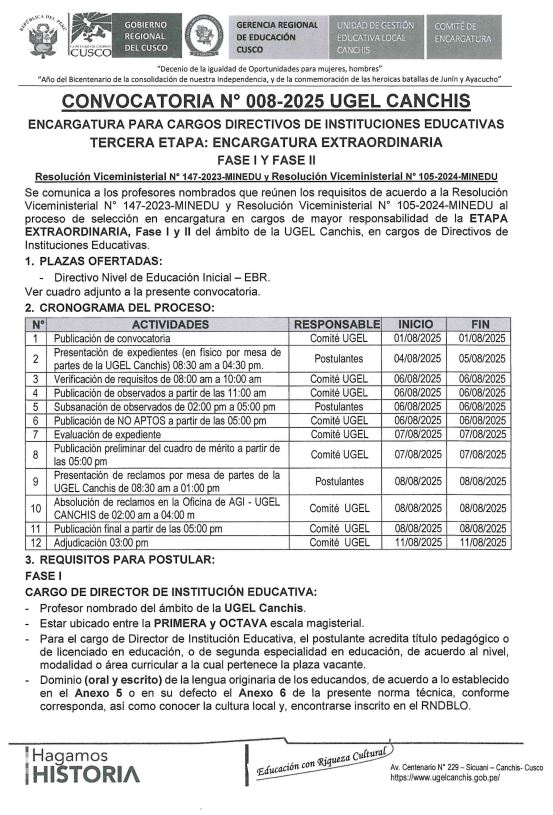 Convocatoria N° 008-2025 UGEL CANCHIS ENCARGATURA PARA CARGOS DIRECTIVOS DE INSTITUCIONES EDUCATIVAS TERCERA ETAPA: ENCARGATURA EXTRAORDINARIA FASE I Y FASE II