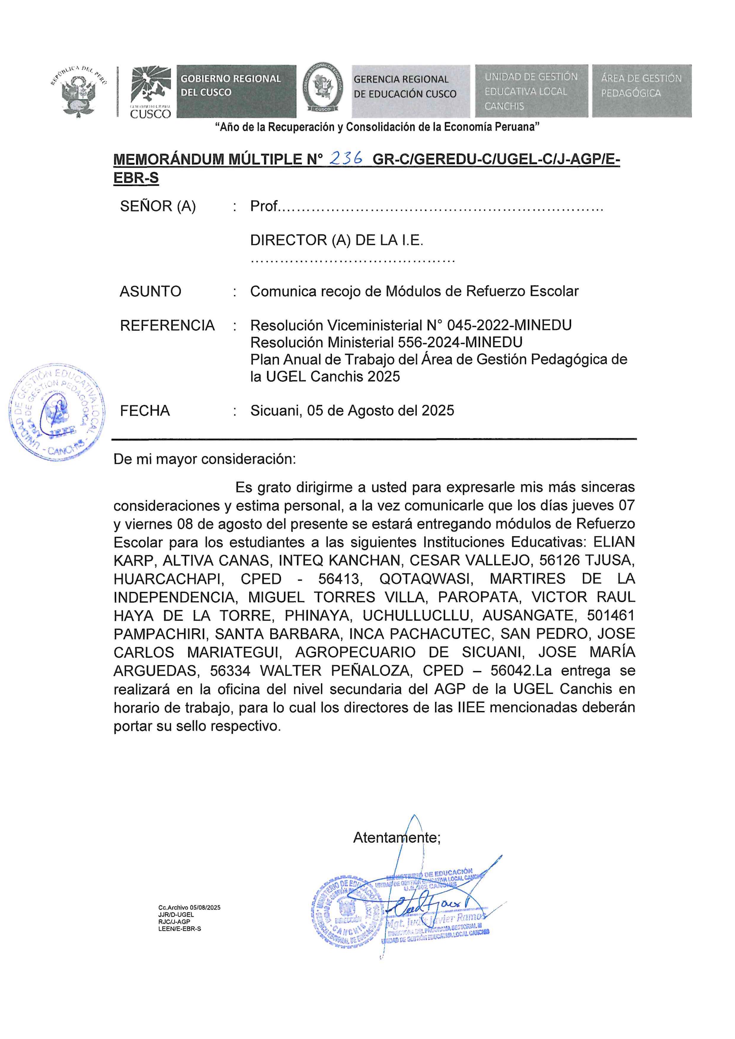 Comunica recojo de Módulos de Refuerzo Escolar