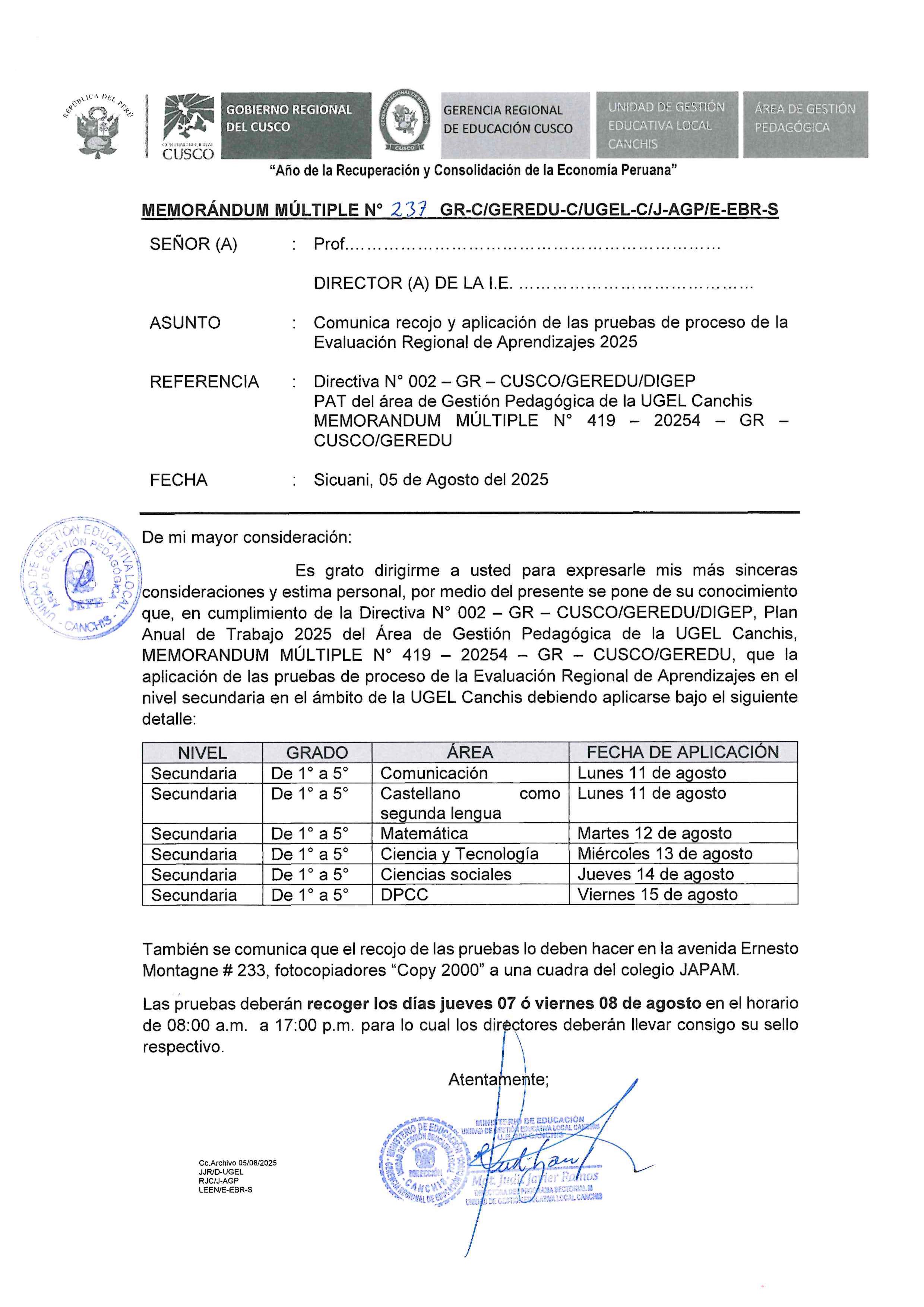 Comunica recojo y aplicación de las pruebas de proceso de la Evaluación Regional de Aprendizajes 2025