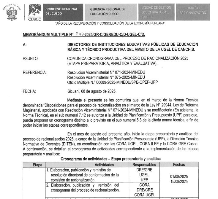 Memorándum Múltiple N° 247 - 2025 - COMUNICA CRONOGRAMA DEL PROCESO DE RACIONALIZACIÓN 2025 (ETAPA PREPARATORIA, ANALÍTICA Y EVALUATIVA).