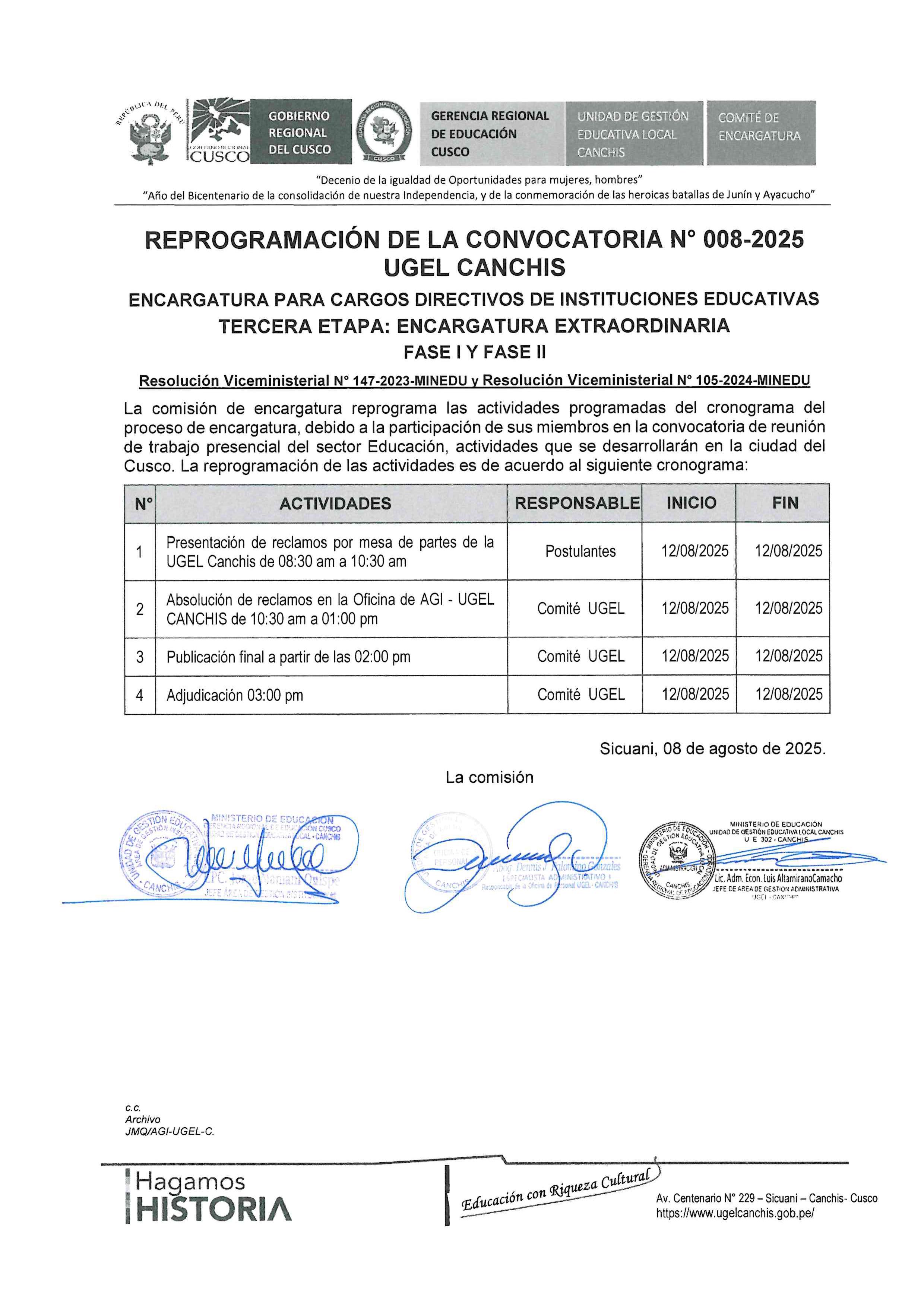 Reprogramación CONVOCATORIA N° 008-2025 UGEL CANCHIS ENCARGATURA PARA CARGOS DIRECTIVOS DE INSTITUCIONES EDUCATIVAS TERCERA ETAPA: ENCARGATURA EXTRAORDINARIA FASE I Y FASE II