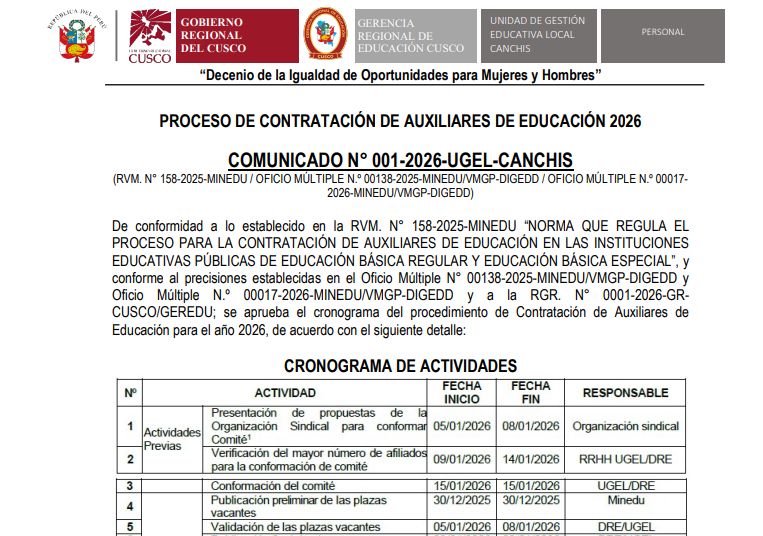 Comunicado N° 001-2026-UGEL-CANCHIS - PROCESO DE CONTRATACIÓN DE AUXILIARES DE EDUCACIÓN 2026