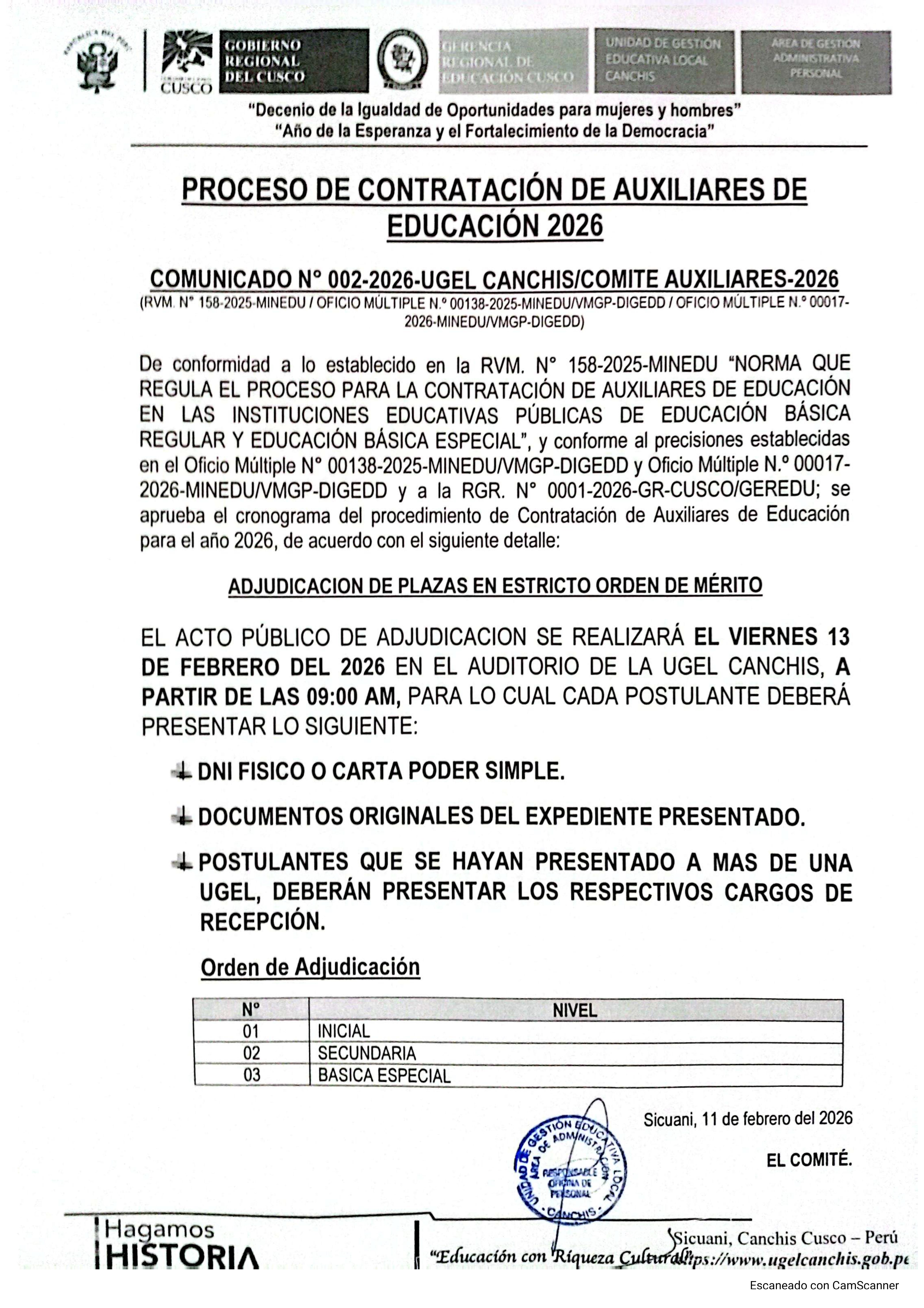COMUNICADO N° 002-2026 - PROCESO DE CONTRATACIÓN DE AUXILIARES DE EDUCACIÓN 2026