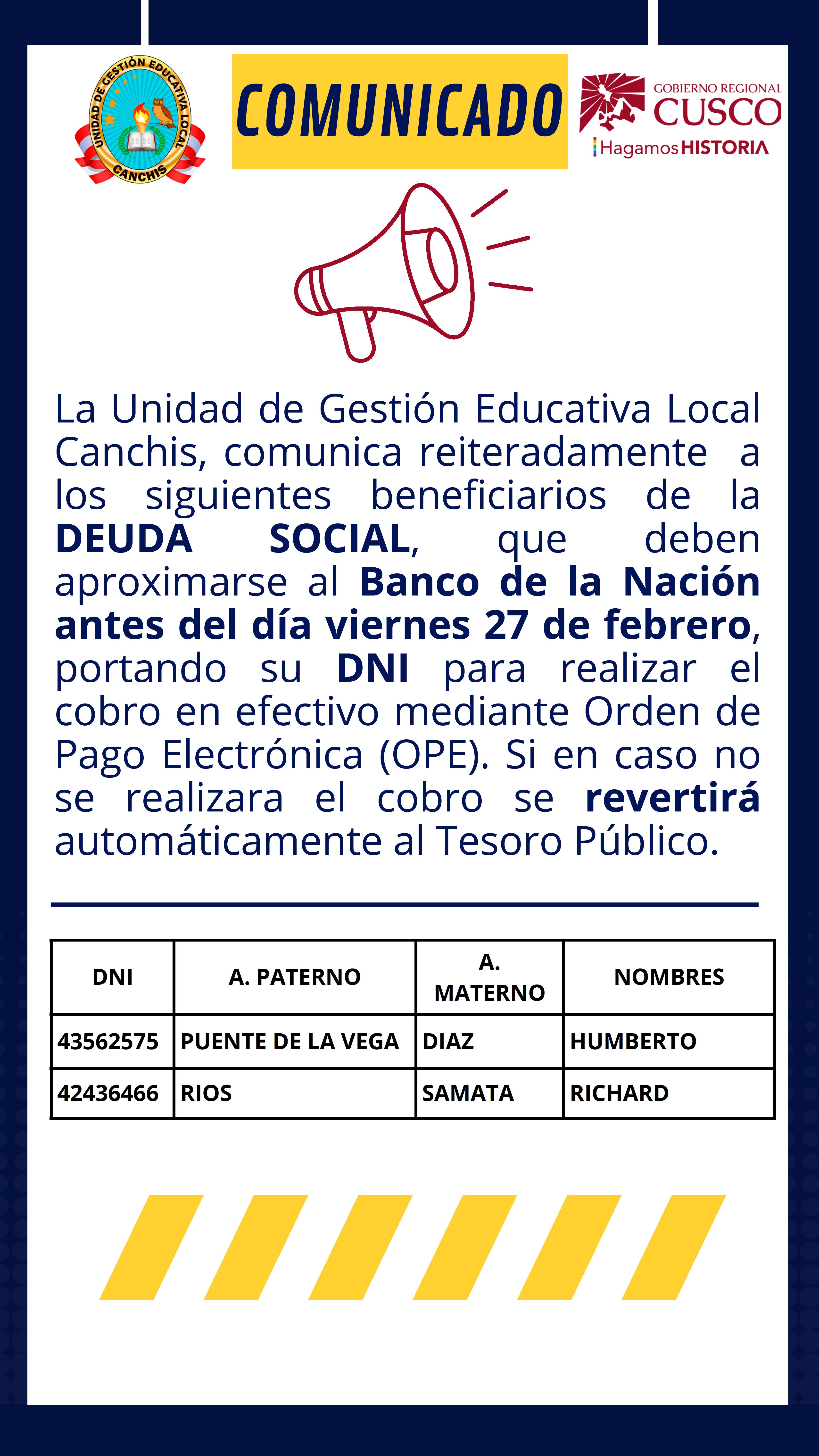 Comunicado - beneficiarios de la DEUDA SOCIAL