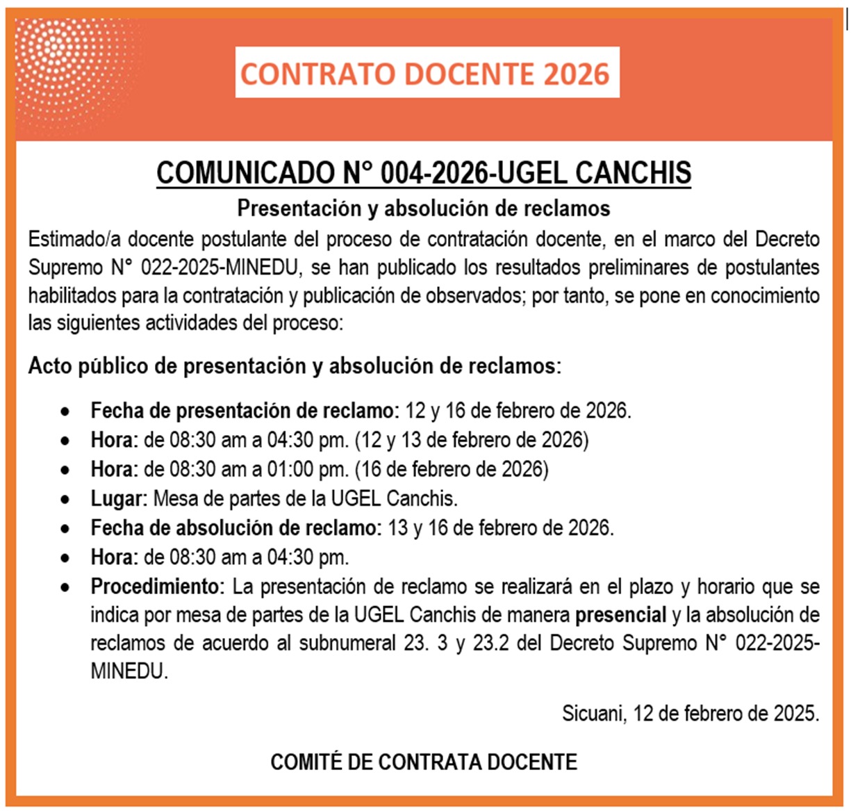 COMUNICADO N° 004-2026-UGEL CANCHIS Presentación y absolución de reclamos