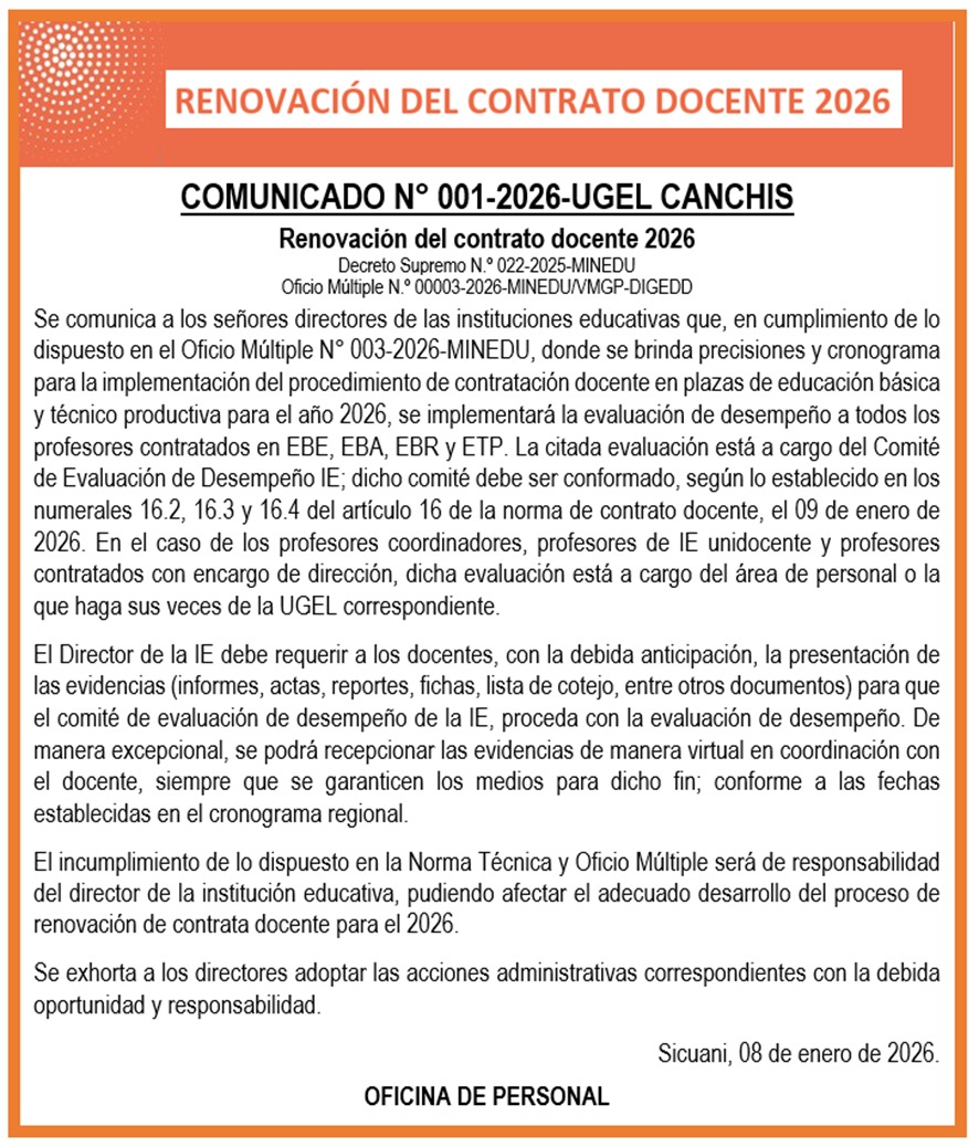 COMUNICADO N° 001-2026-UGEL CANCHIS Renovación del contrato docente 2026