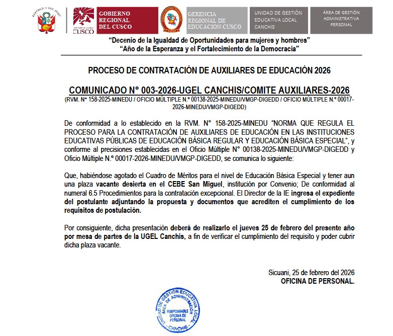 PROCESO DE CONTRATACIÓN DE AUXILIARES DE EDUCACIÓN 2026 COMUNICADO N° 003-2026