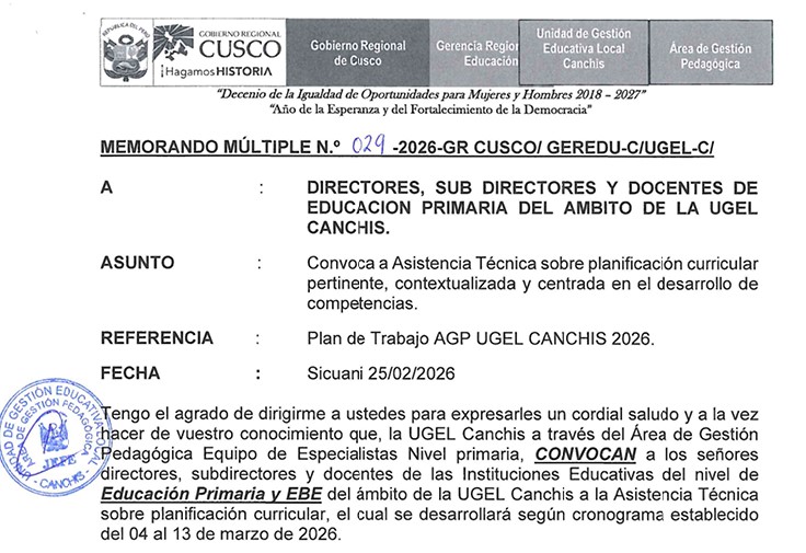Convoca a Asistencia Técnica sobre planificación curricular pertinente, contextualizada y centrada en el desarrollo de competencias.