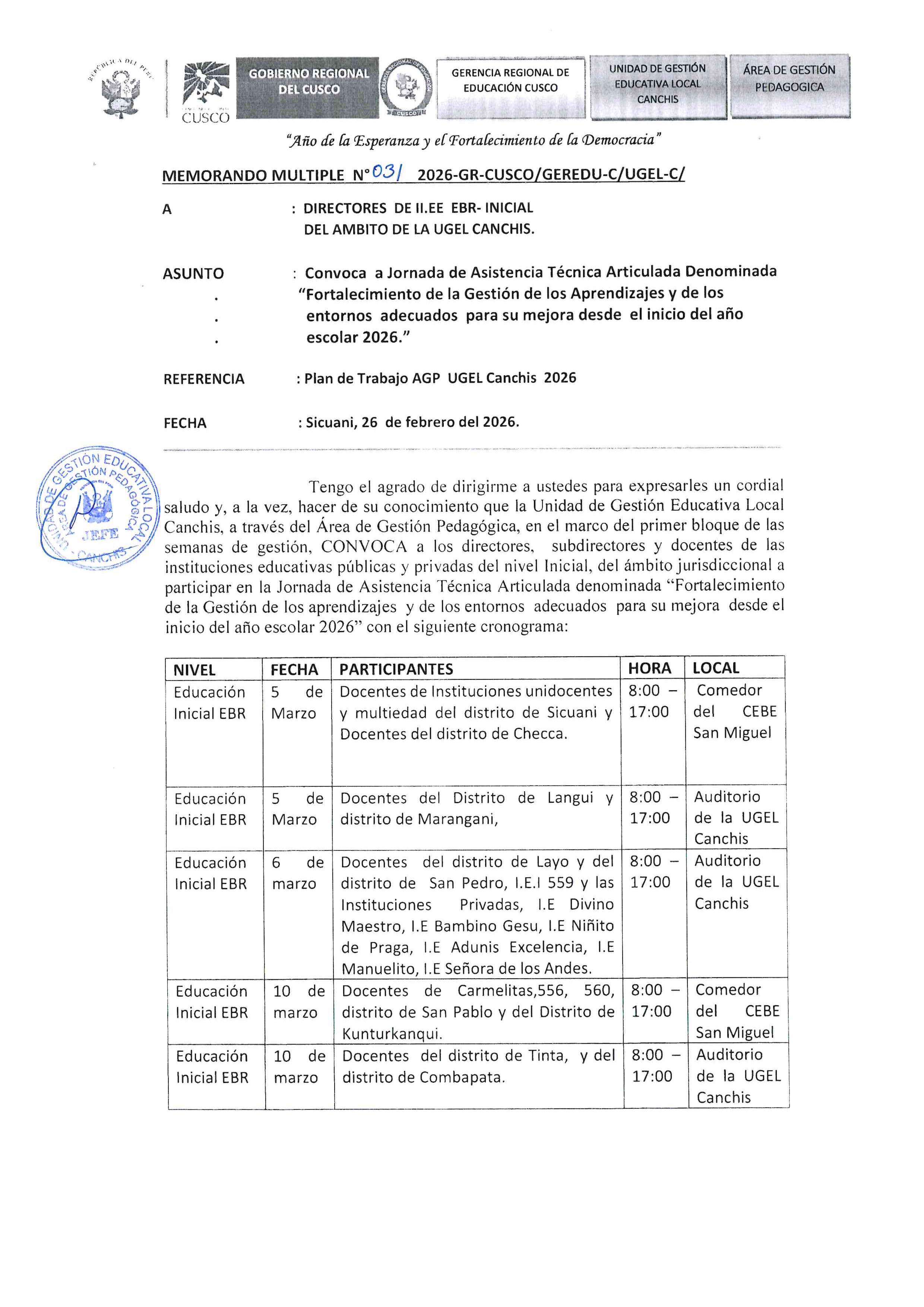 Convoca a Jornada de Asistencia Técnica Articulada Denominada "Fortalecimiento de la Gestión de los Aprendizajes y de los entornos adecuados para su mejora desde el inicio del año escolar 2026."