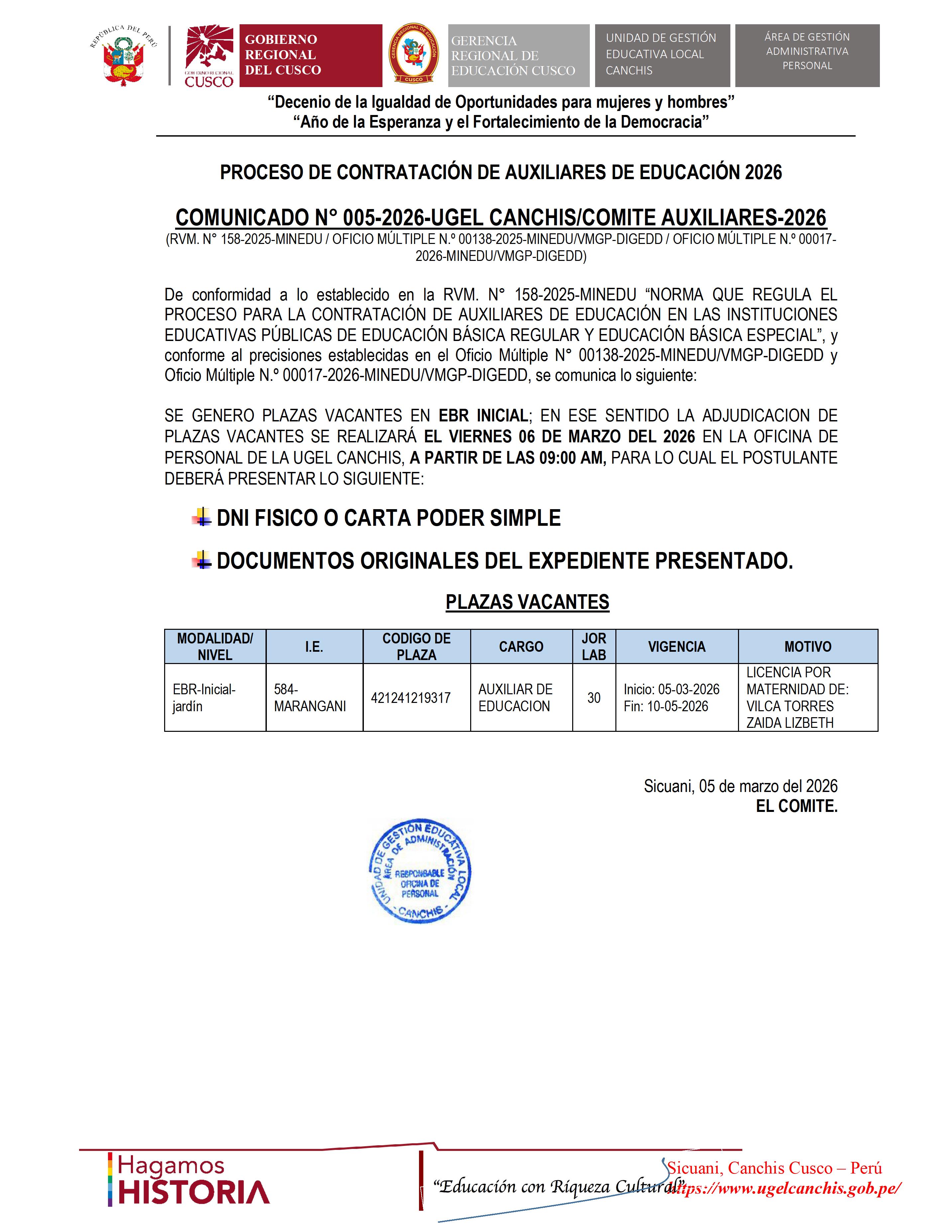 COMUNICADO N° 005-2026- Proceso de contratación de auxiliares de educación 2026