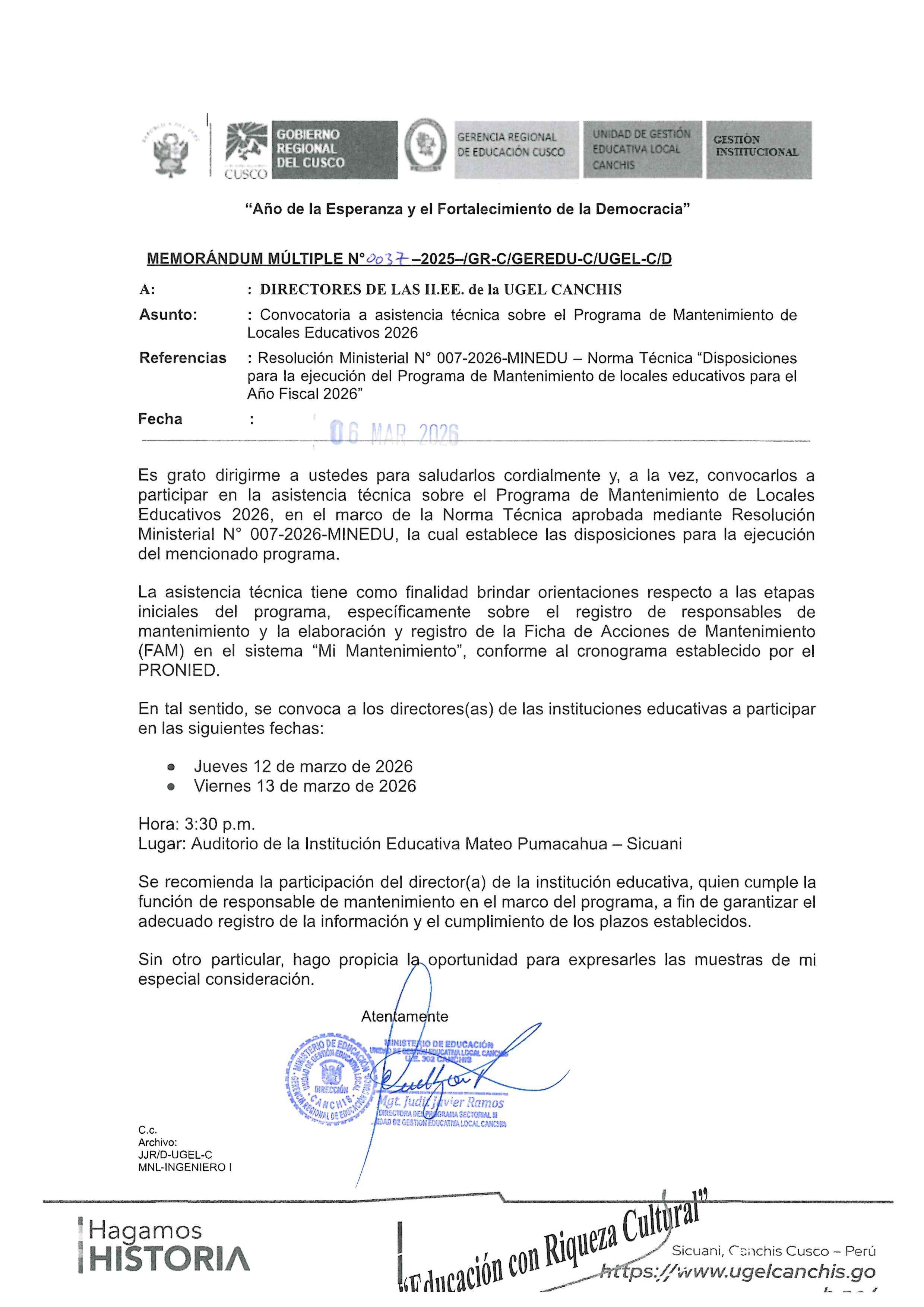 Convocatoria a asistencia técnica sobre el Programa de Mantenimiento de Locales Educativos 2026