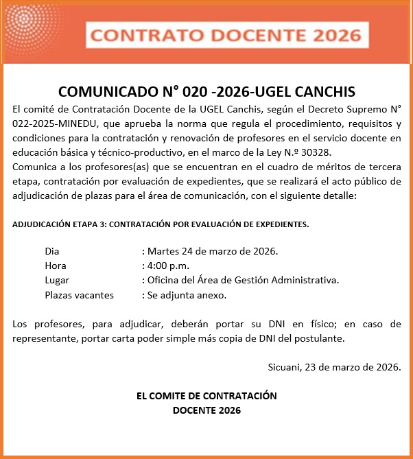COMUNICADO No 020 -2026-UGEL CANCHIS Contratación Docente de la UGEL Canchis