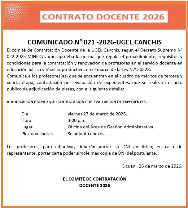 COMUNICADO N° 021-2026-UGEL CANCHIS Contratación Docente de la UGEL Canchis,