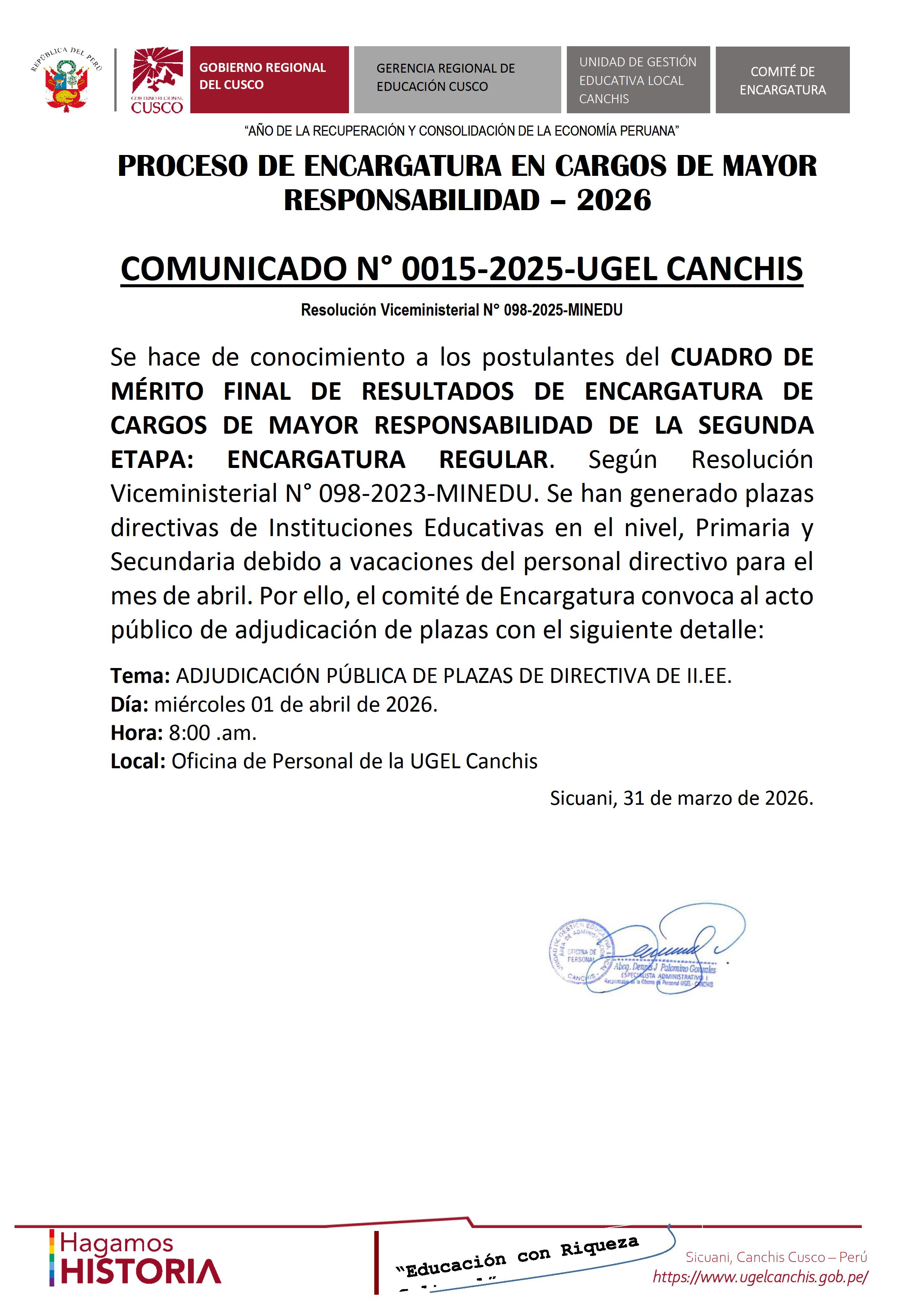PROCESO DE ENCARGATURA EN CARGOS DE MAYOR RESPONSABILIDAD – 2026 COMUNICADO N° 0015-2025-UGEL CANCHIS