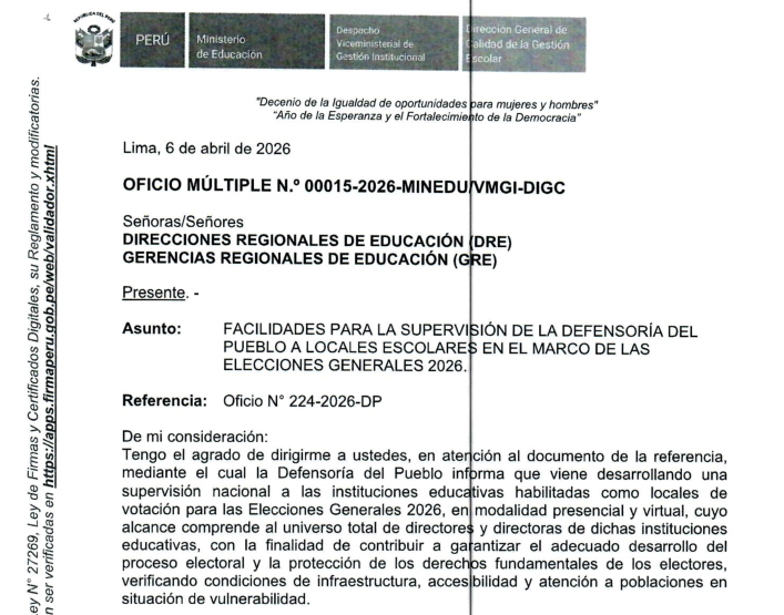 FACILIDADES PARA LA SUPERVICIÓN DE LA DEFENSORÍA DEL PUEBLO A LOCALES ESCOLARE EN EL MARCO DE LAS ELECCiONES GENERALES 2026.