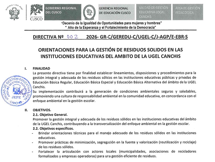 Orientaciones para la gestión de residuos sólidos en las instituciones educativas del ámbito de la UGEL CANCHIS