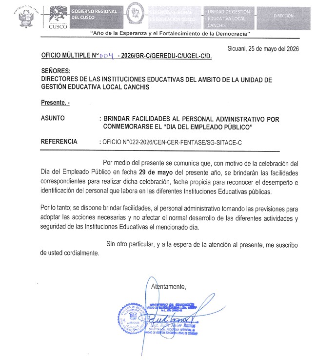 BRINDAR FACILIDADES AL PERSONAL ADMINISTRATiVO POR CONMEMORARSE EL "DIA DEL EMPLEADO PÚBLICO"