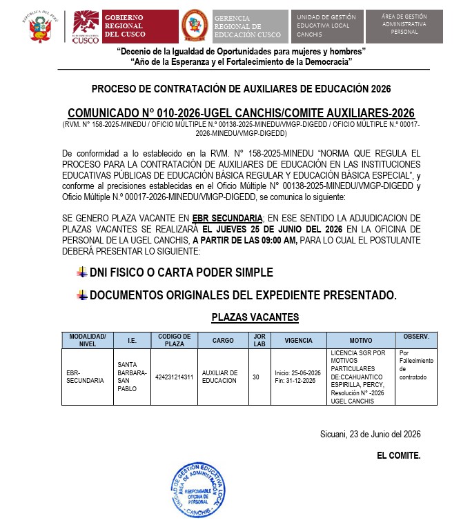 Proceso de CONTRATACIÓN DE AUXILIARES DE EDUCACIÓN 2026 COMUNICADO N° 010-2026-UGEL CANCHIS/COMITE AUXILIARES-2026