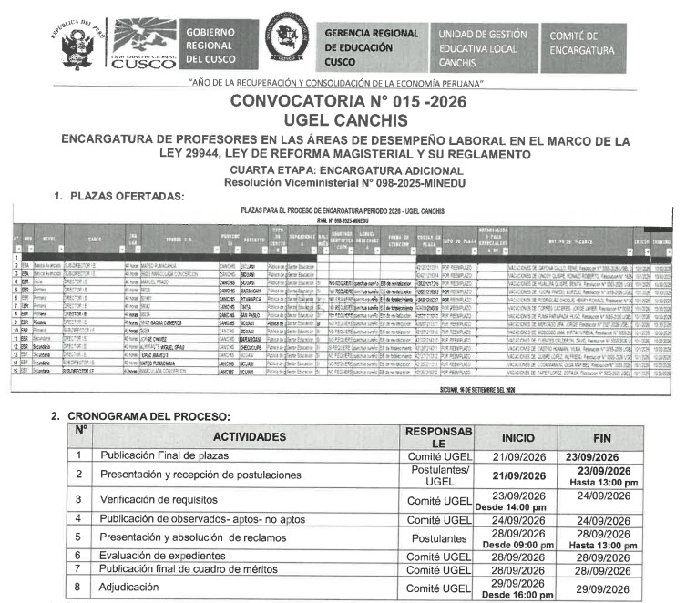 CONVOCATORIA N° 015 -2026 UGEL CANCHIS ENCARGATURA DE PROFESORES EN LAS ÁREAS DE DESEMPEÑO LABORAL EN EL MARCO DE LA LEY 29944, LEY DE REFORMA MAGISTERIAL Y SU REGLAMENTO CUARTA ETAPA: ENCARGATURA ADICIONAL Resolución Viceministerial N° 098-202S-MlNEDU