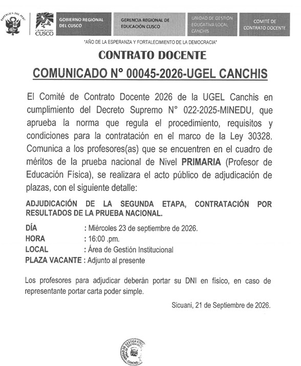 Comunicado contrato docente N° 00045-2026-UGEL CANCHIS