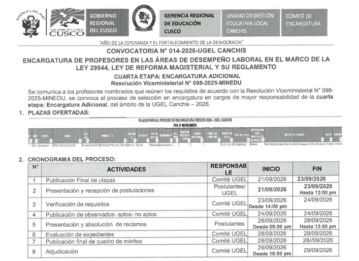 CONVOCATORIA N° 014-2026-UGEL CANCHIS ENCARGATURA DE PROFESORES EN LAS ÁREAS DE DESEMPEÑO LABORAL EN EL MARCO DE LA LEY 29944, LEY DE REFORMA MAGISTERIAL Y SU REGLAMENTO CUARTA ETAPA: ENCARGATURA ADICIONAL Resolución Viceministerial N° 098-2025-MINEDU