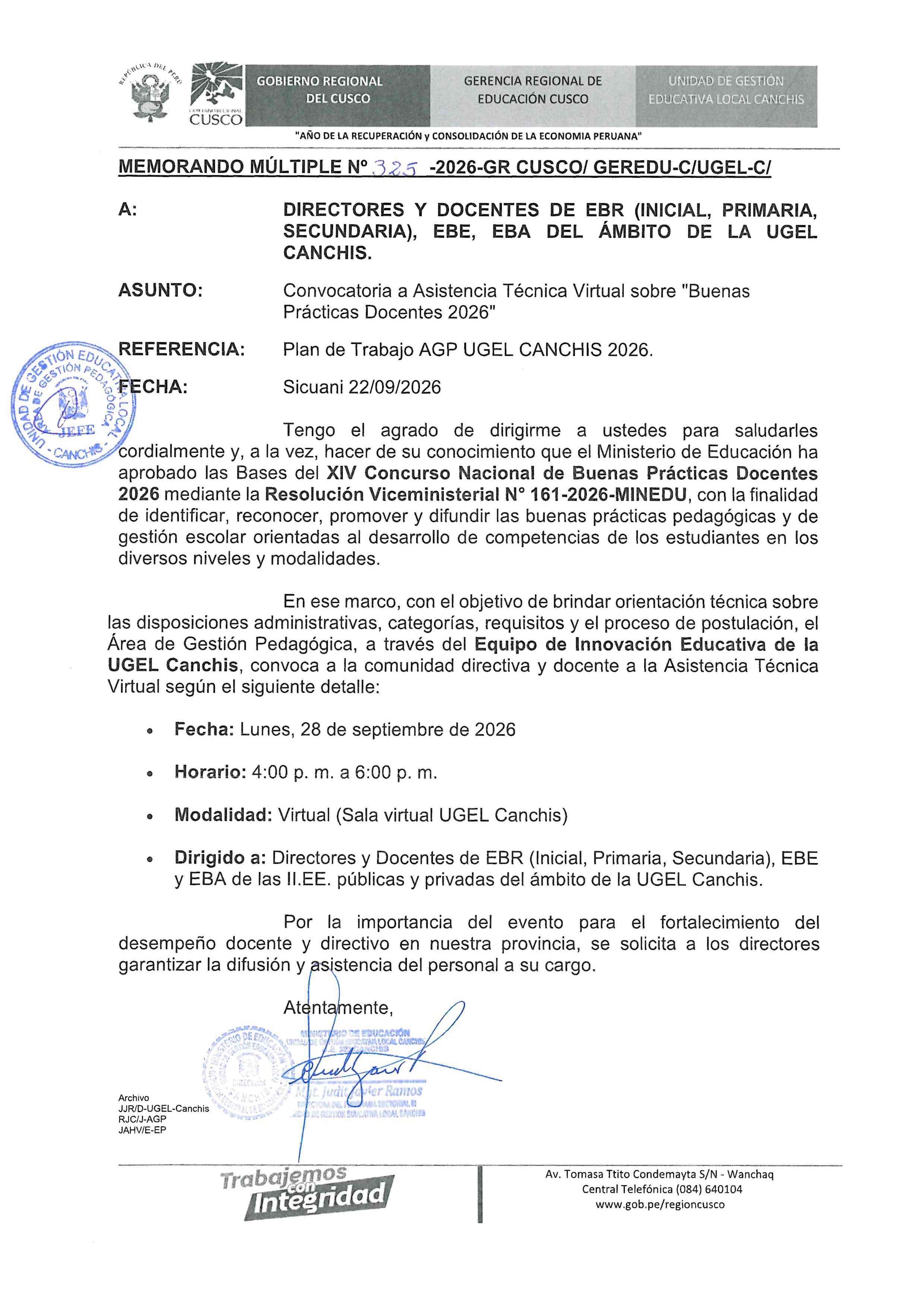 Convocatoria a Asistencia Técnica Virtual sobre "Buenas Prácticas Docentes 2026"